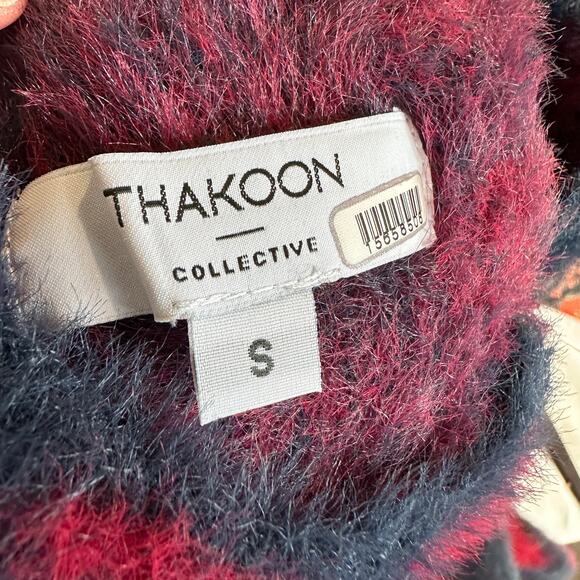 Thakoon Blue Red Fuzzy Sweater SMALL Leopard Oversized Soft Cozy Mockneck $275 - Picture 9 of 9